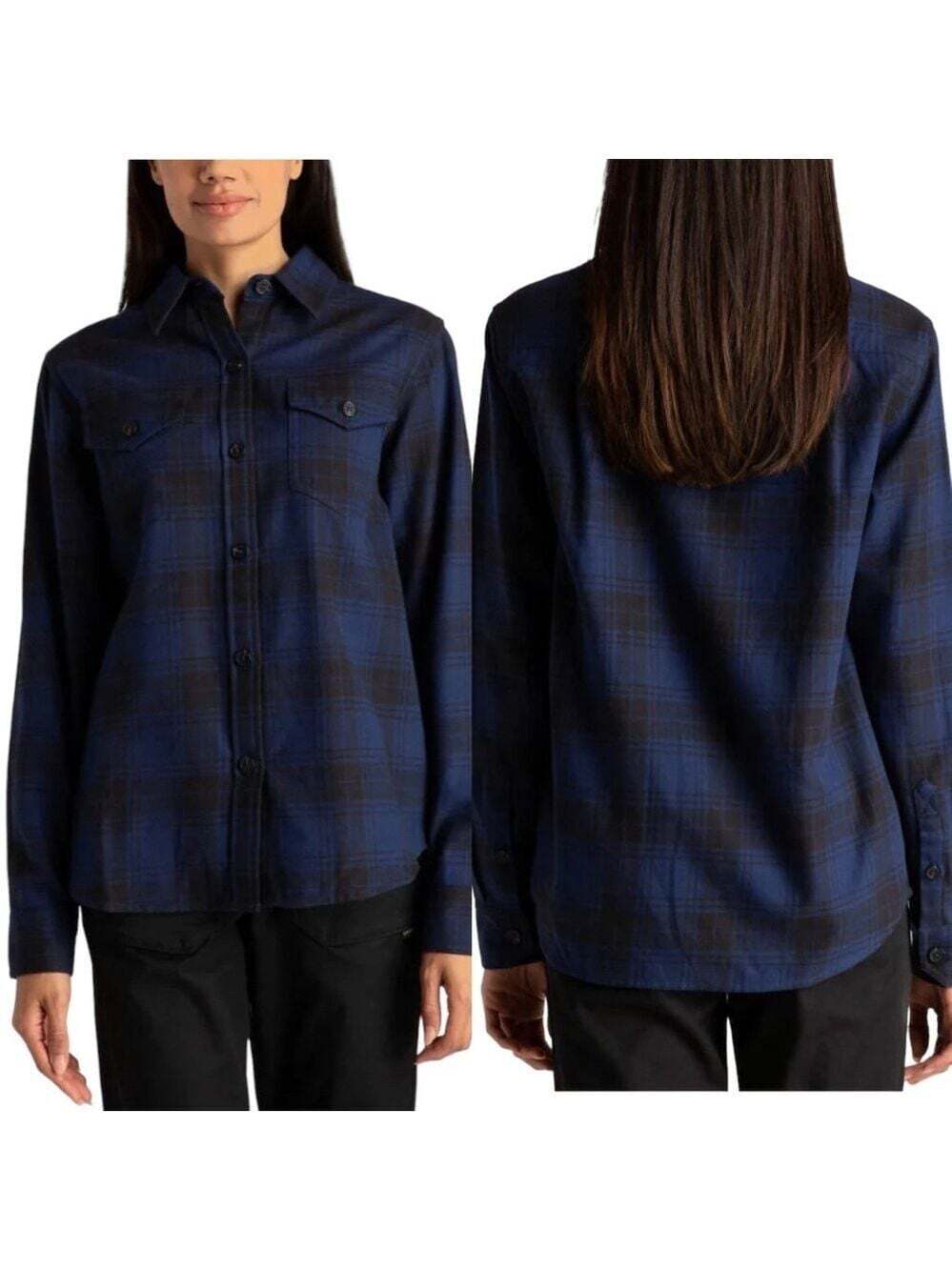 Tilley Womens Brushed Flannel Button Up Shirt 3217002 Size L Blue Plaid Cotton